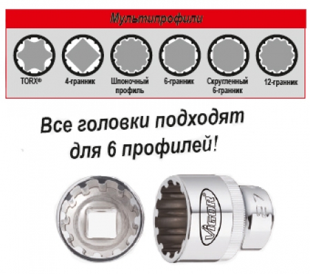 Набор головок 1/4 мультипрофиль Vigor V4217